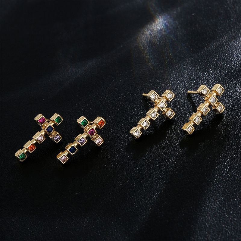 Fashion Copper 18k Gold Three-dimensional Cross Zircon Earrings Female New Stud