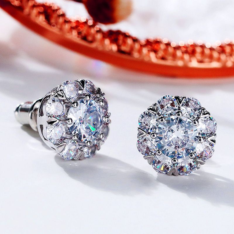 Nuevos Y Exquisitos Pendientes De Tuerca De Circón Con Flor De Diamante Completo Para Mujer Creativa De Cobre