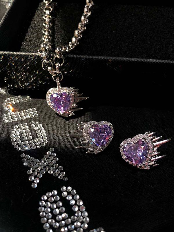Fashion Creative Purple Gem Heart-shaped Alloy Earrings Necklace
