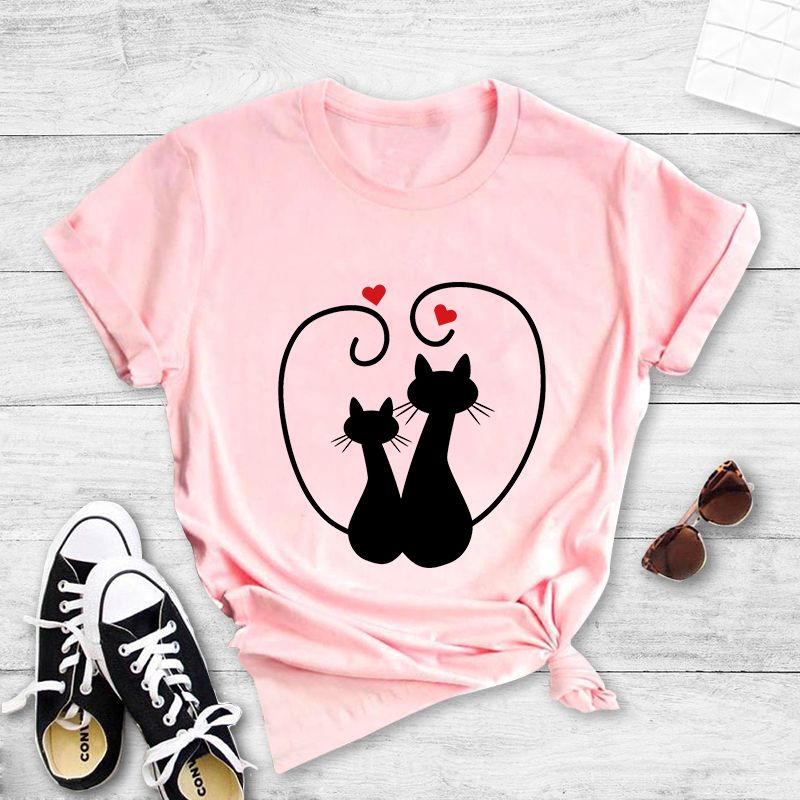 Fashion Two Cats Heart Print Casual Short Sleeve T-shirt Women