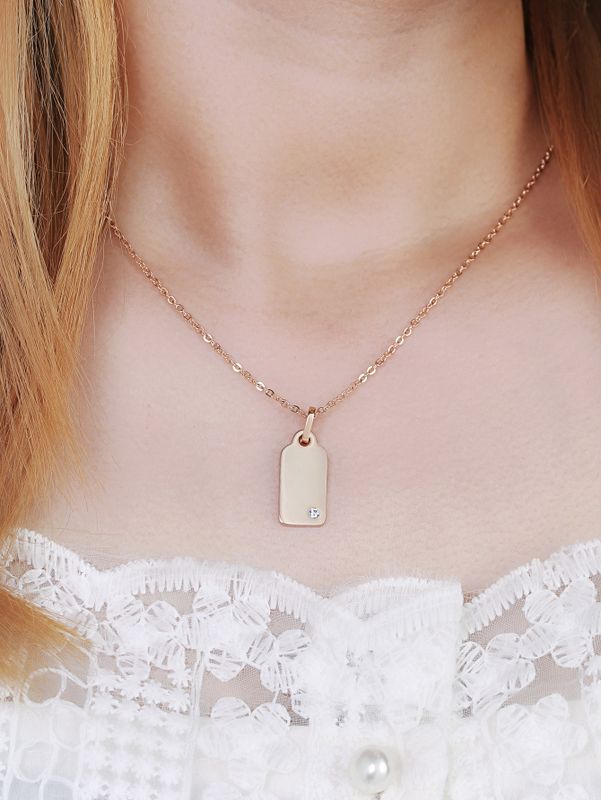 Simple Glossy Tag Copper Zircon Pendent Necklace