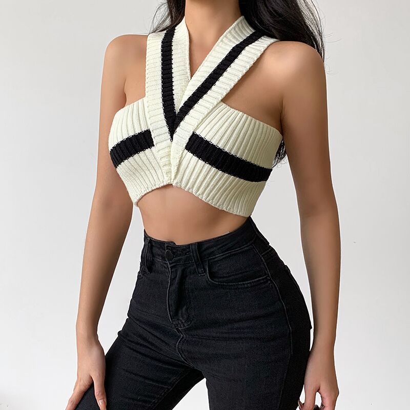 Fashion Knitted Vest Striped Sleeveless V-neck Slim Versatile Halter Top