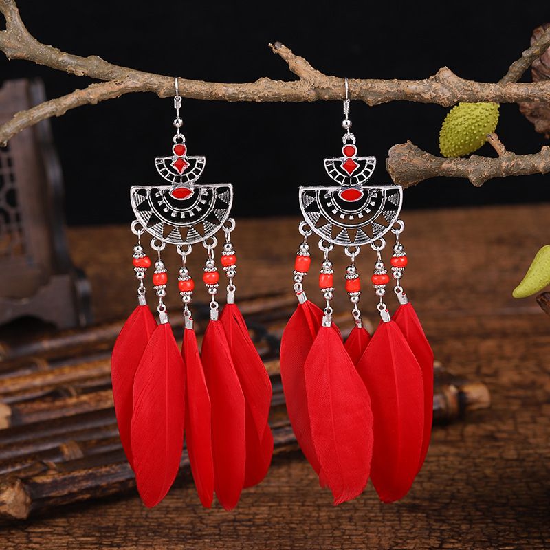 Boucles D&#39;oreilles Mode Plumes Perles Pour Femmes Gland Long Bijoux Bohèmes