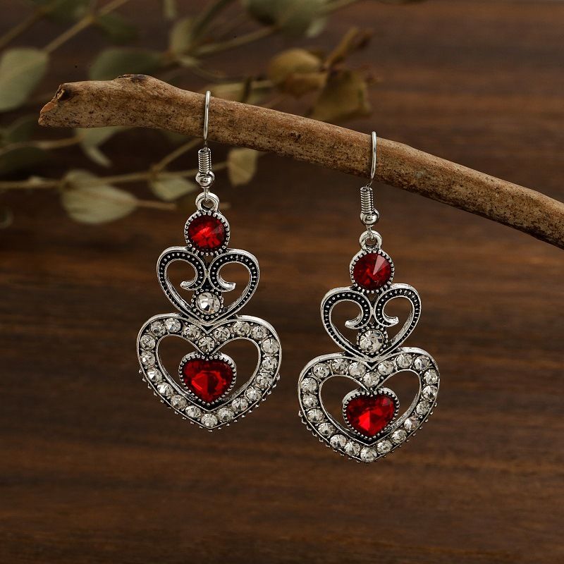 Fashion New Heart-shaped Full Diamond Creative Retro Alloy Earrings Jewelry Wholesale