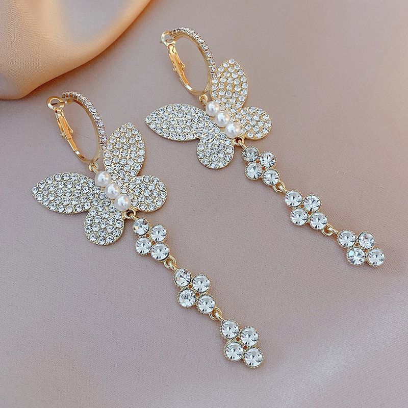 Boucles D&#39;oreilles Papillon Perle Strass Mode Boucles D&#39;oreilles Alliage Rétro