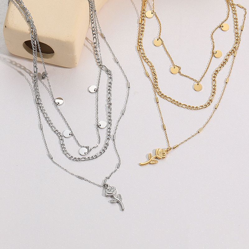Fashion Rose Pendant Sweater Chain Stainless Steel Muilt-layered Clavicle Chain