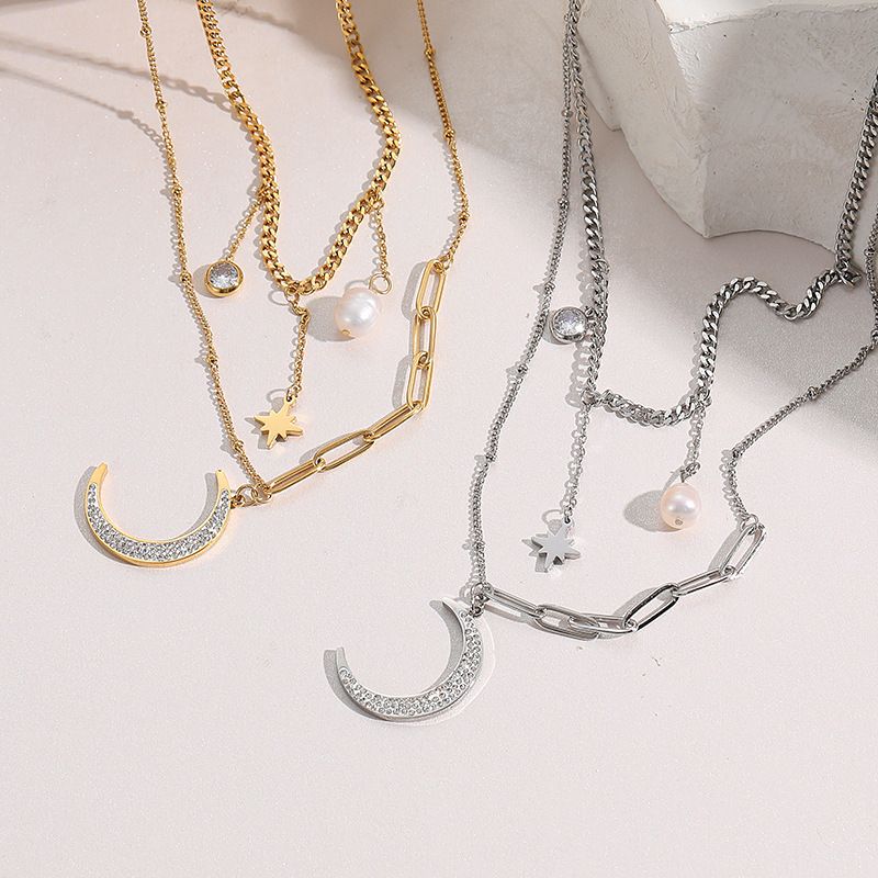 Fashion Zircon Moon Pendant Double -layered Titanium Steel Necklace