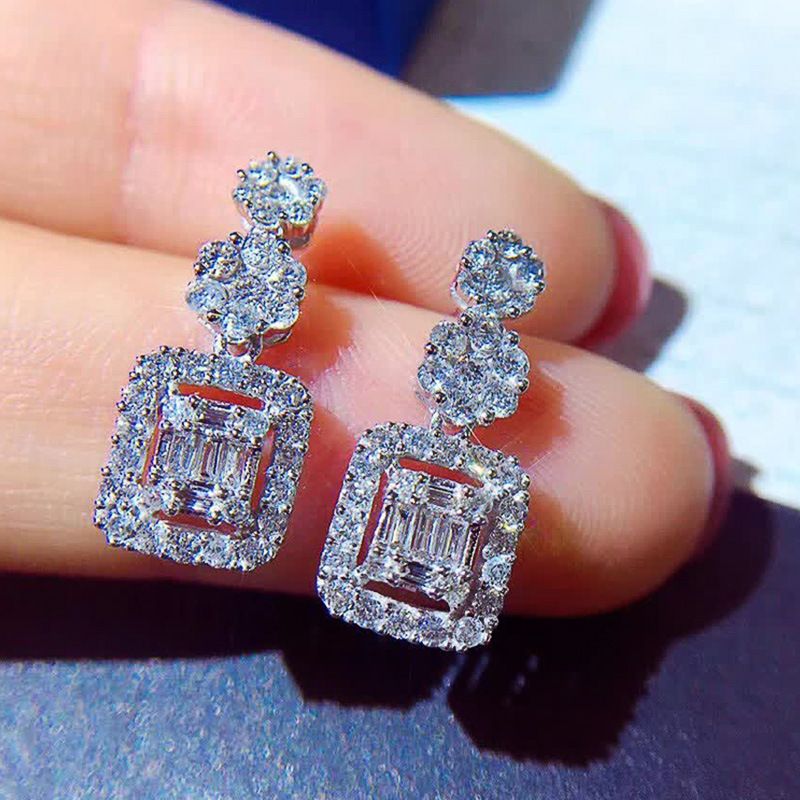New Earrings Light Luxury Square Diamond Zircon Long Copper Earrings