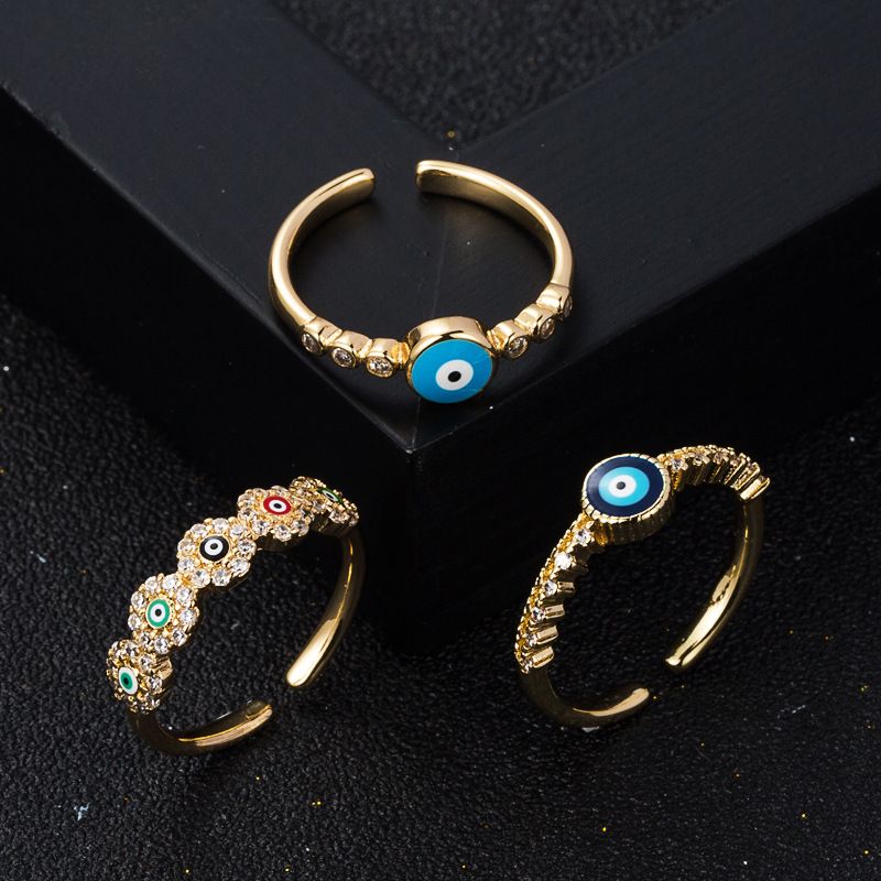 Fashion Copper Gold-plated Micro-set Zircon Drip Oil Devil's Eye Geometric Ring