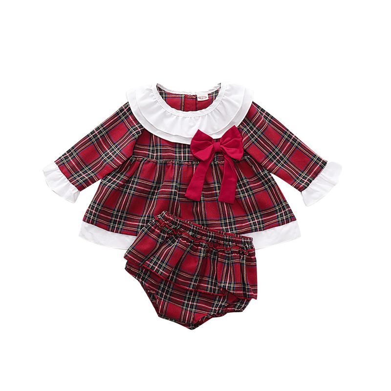 Children Clothings Long-sleeved Non-hooded Pullover Autumn Plaid Dress Underpants Two-piece Suit