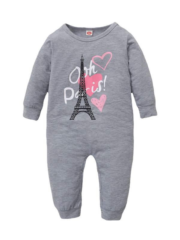 Gray Long Sleeve Unhooded Cotton Paris Tower Print One Piece Baby Romper