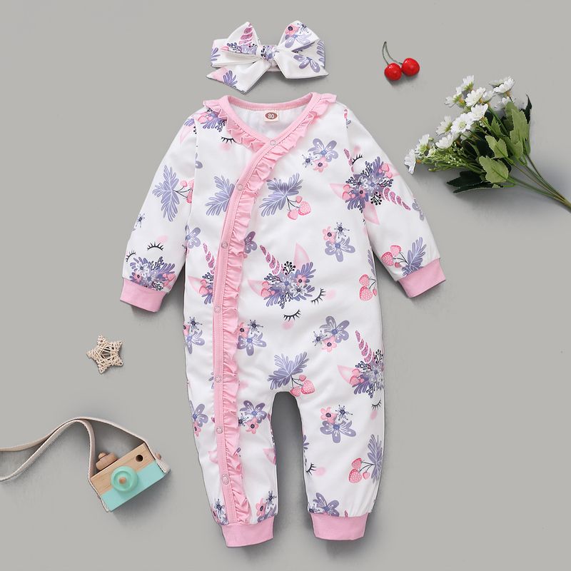 Summer Cotton Long-sleeved Non-hooded Pink Flower Print Baby Jumpsuit