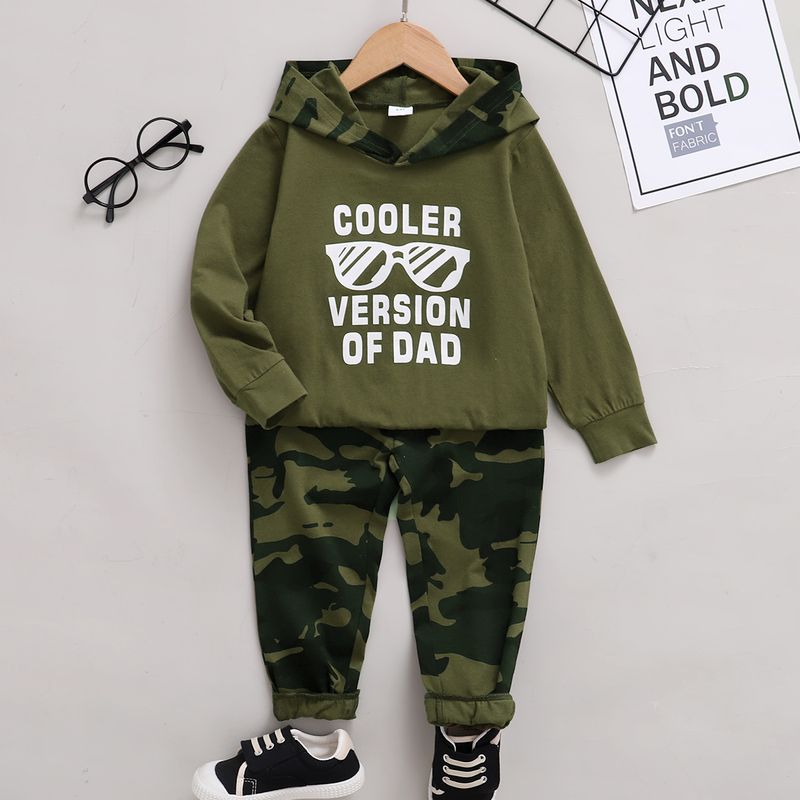 Autumn Green Letter Hooded Long Sleeve Top Pants Children Two-piece Set