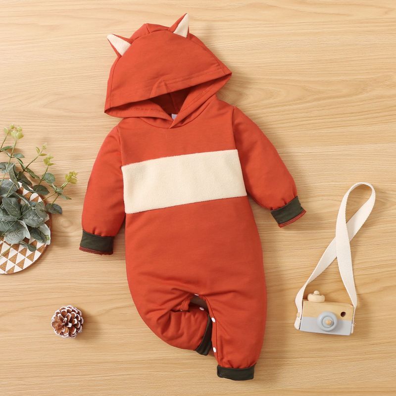 Winter Long-sleeved Fox Ears Hooded Stitching Long-sleeved Jumpsuit Baby Clothing