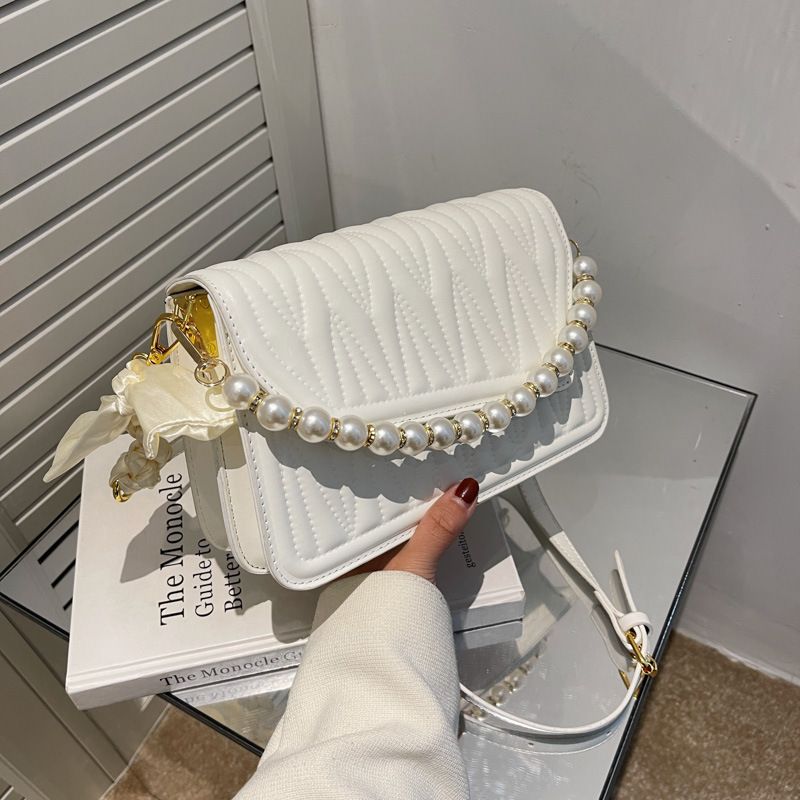 Embroidered Thread Pearl Chain Small Square Bag New Trendy Fashion Casual Bag Silk Scarf Messenger Bag