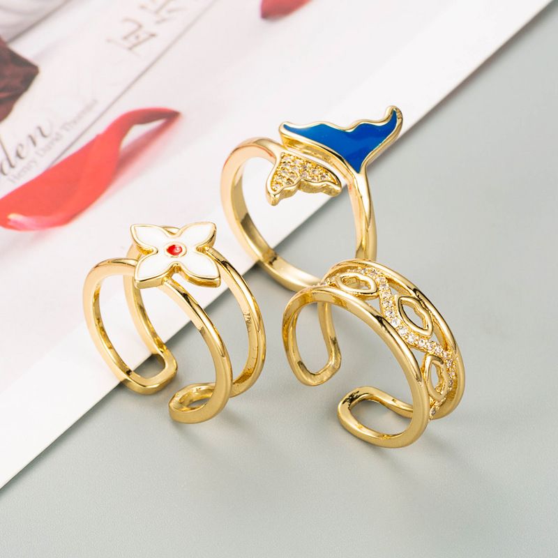 خاتم إبداعي من الذهب عيار 18 قيراطًا بتصميم هندسي مزدوج الطبقة على الطراز الكوري