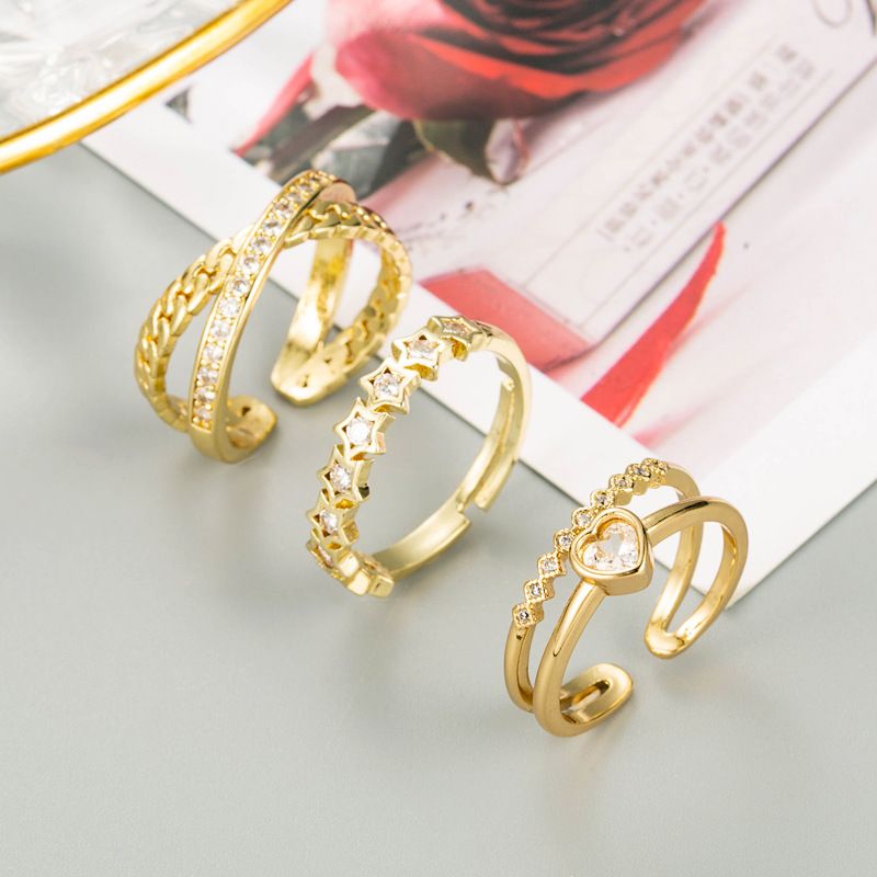 Mode Geometrische Stern Liebe Ring Kupfer Vergoldet Zirkon Persönlichkeit Temperament Zeigefinger Ring