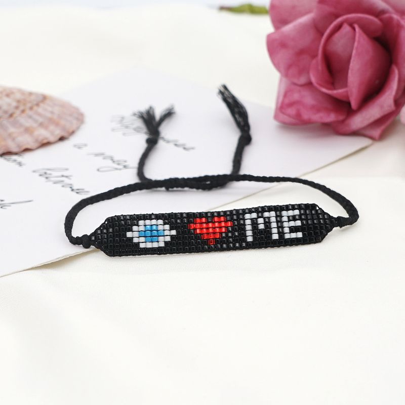 Pulsera Tejida Con Corazón De Moda, Pulsera Apilada Con Letras De Estilo Étnico Con Cuentas De Ojo