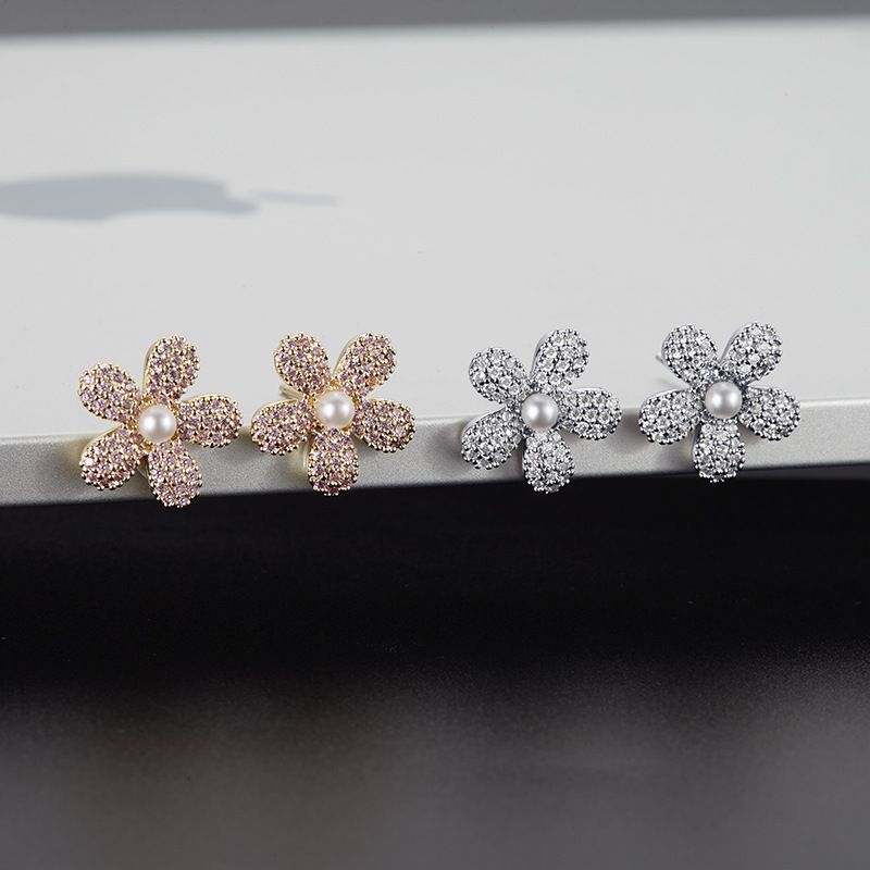 New Fashion Creative Flower Zircon Copper Earrings