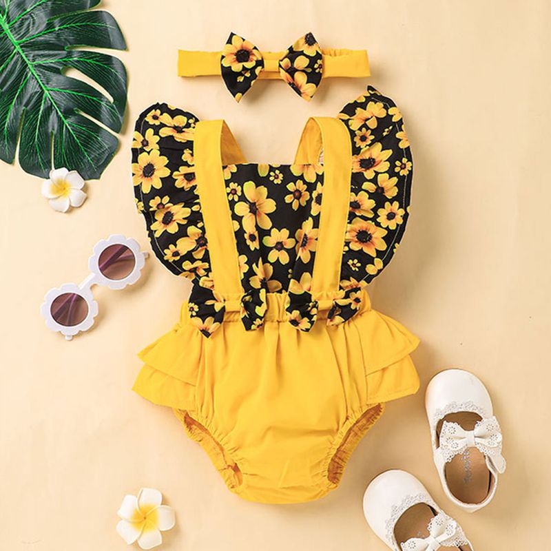 Infants And Young Children Cute Printed Triangle Rompers Flower Bow Flying Sleeve Jumpsuit