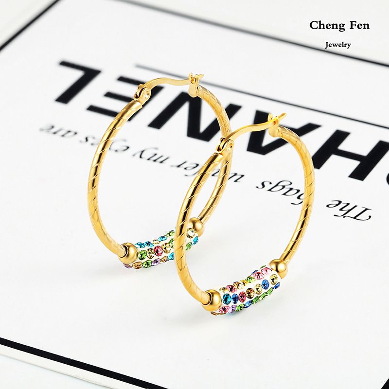 Simple Circle Gold-plated Inlaid Multi-color Crystal Stainless Steel Hoop Earrings Wholesale