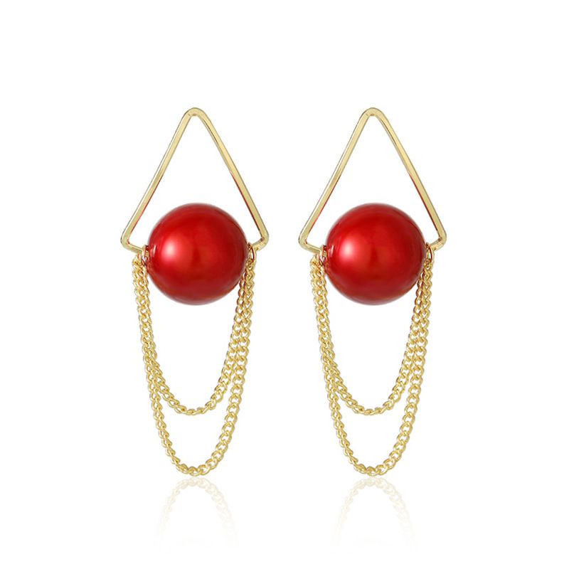 Creative Triangle Pearl Tassel Fashion Red Earrings Wholesale