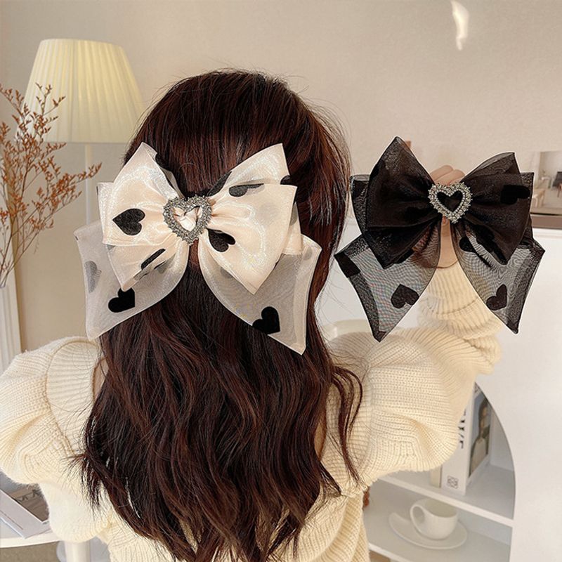 Net Yarn Heart Big Bow Back Head Clip Headgear Hairpin Female