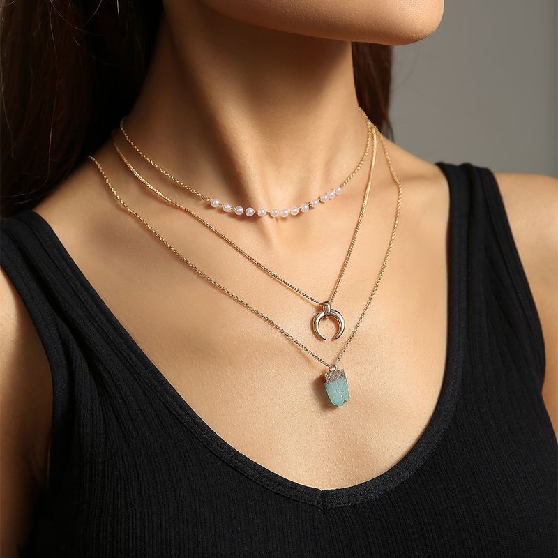 Fashion Multi-layer Necklace Green Imitation Natural Stone Alloy Necklace