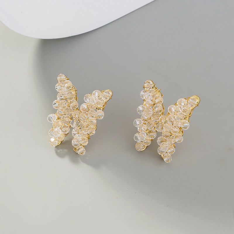 Fashion Golden Hand-wound Transparent Crystal Beads Pointed Wing Butterfly Earrings