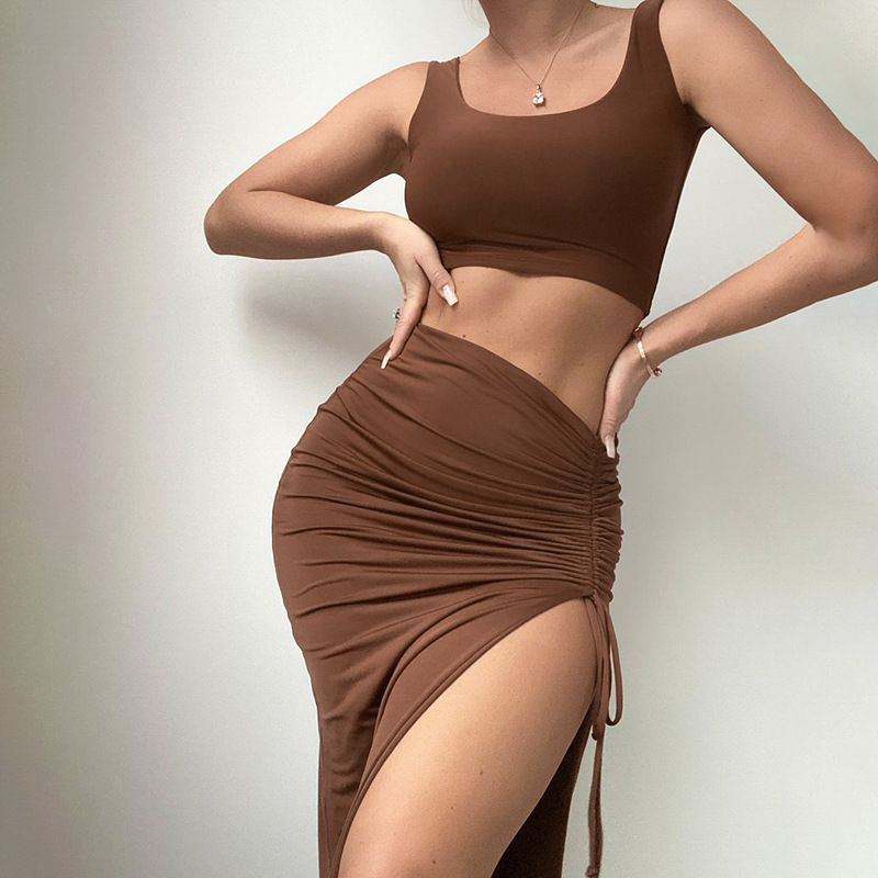 Fashion Solid Color Navel Tube Top Top Long Length Skirt Suit Wholesale