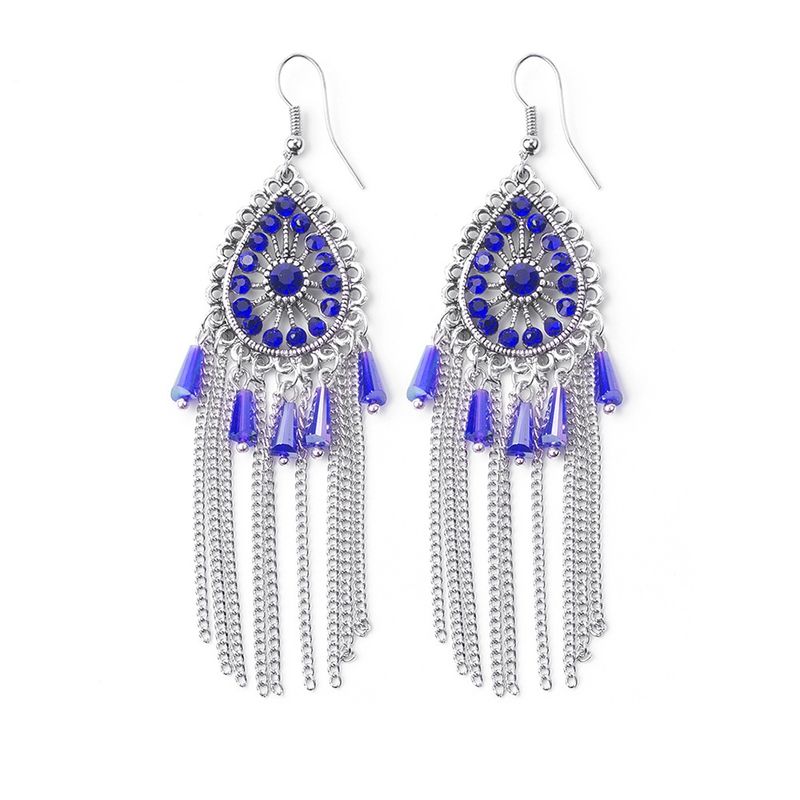 Hollowed-out Diamond Water Drop Chain Tassel Earrings Bohemia Alloy