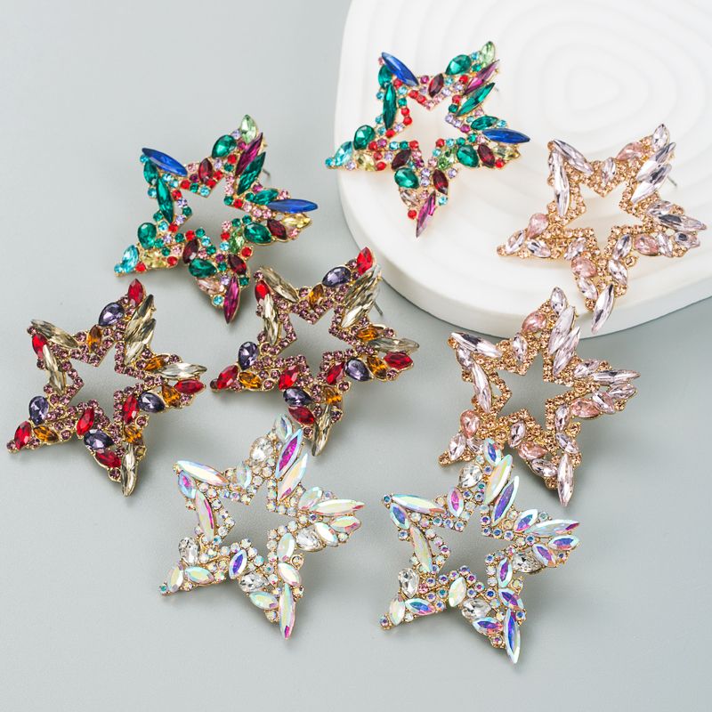 Moda Tendencia Aleación Diamante Rhinestone Colorido Estrella Pendientes Mujer
