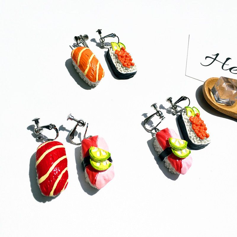 Cute Creative Asymmetric Sushi Salmon Resin Earrings