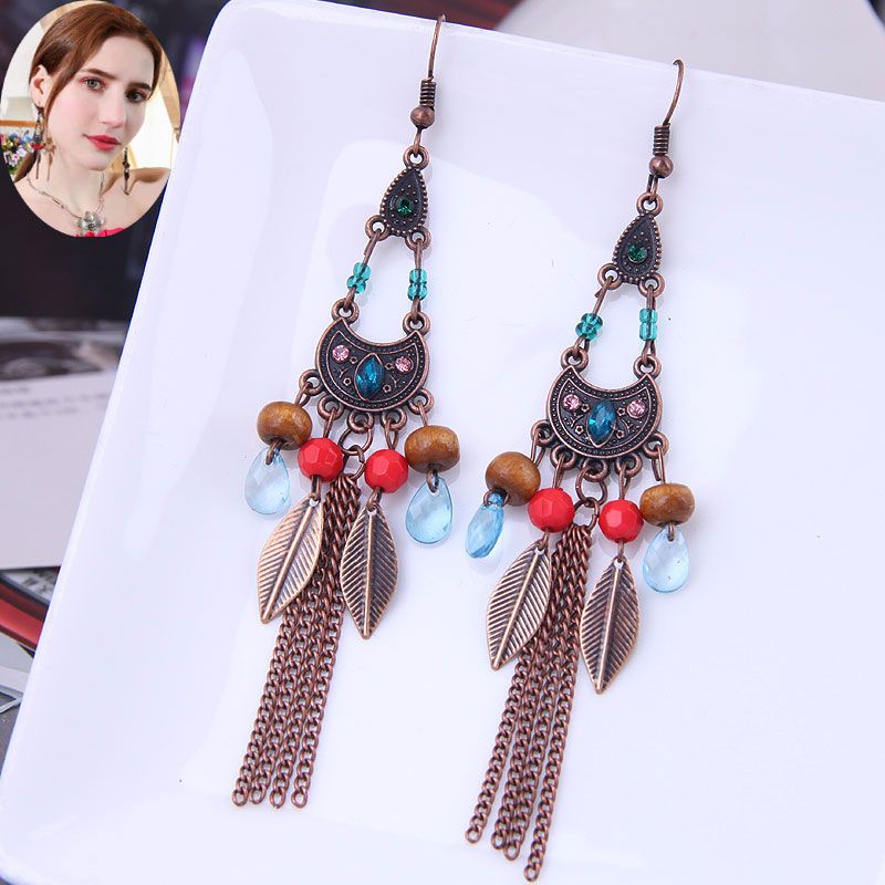 Fashion Bohemian Ethnic Style Leaves Tassel Alloy Resin Earrings