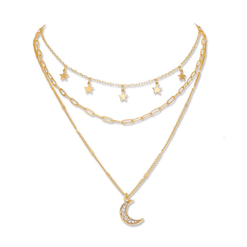 New Fashion Star Inlaid Zircon Moon Pendant Multi-layer Copper Necklace