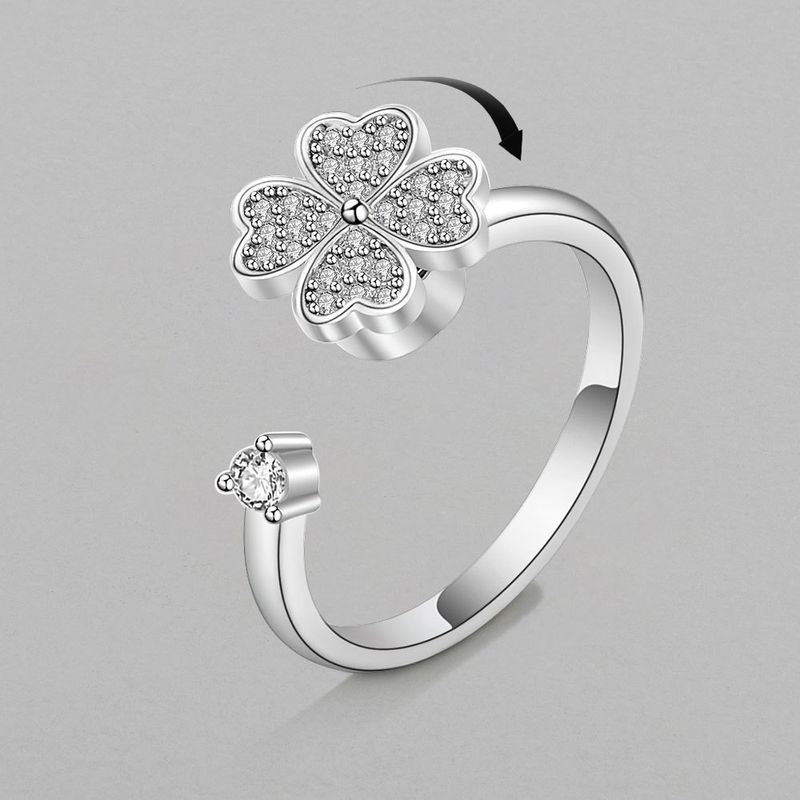 Fashion Rotating Four-leaf Clover Copper Zircon Adjustable Opening Ring