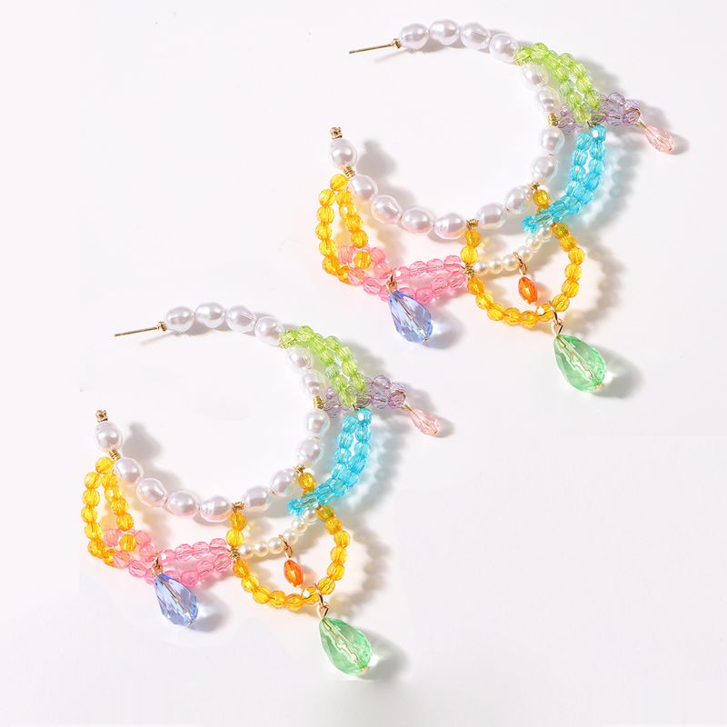 Summer Holiday Style Candy-colored Crystal Tassel Earrings C-shaped Beaded Resin Earrings
