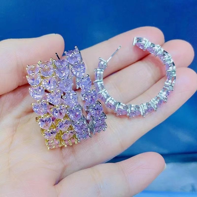 Fashion Pink Heart Shaped Micro-encrusted Diamonds Zircon Copper Cute Simple Earrings