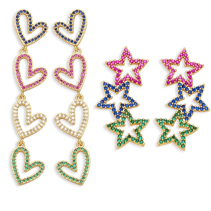 Fashion Color Zircon Heart Pentagram Tassel Copper Earrings