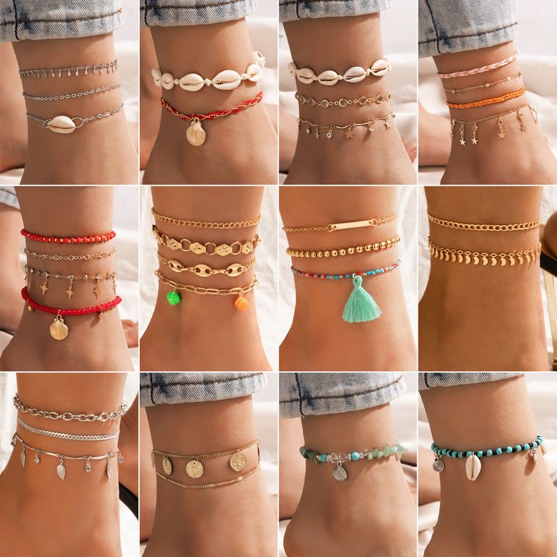 New Jewelry Fashion Creative Alloy Rice Bead Woven Shell Multi-layer Anklet