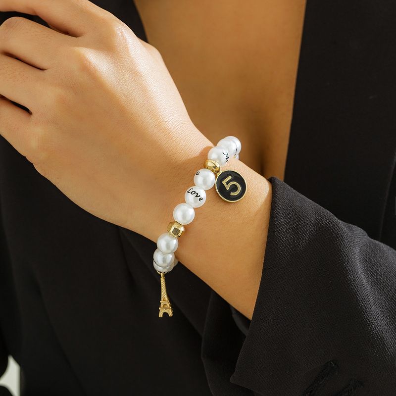 Nachahmung Perlen Weben Hand Perlen Einfache Buchstaben Retro Schiefen Turm Legierung Armband