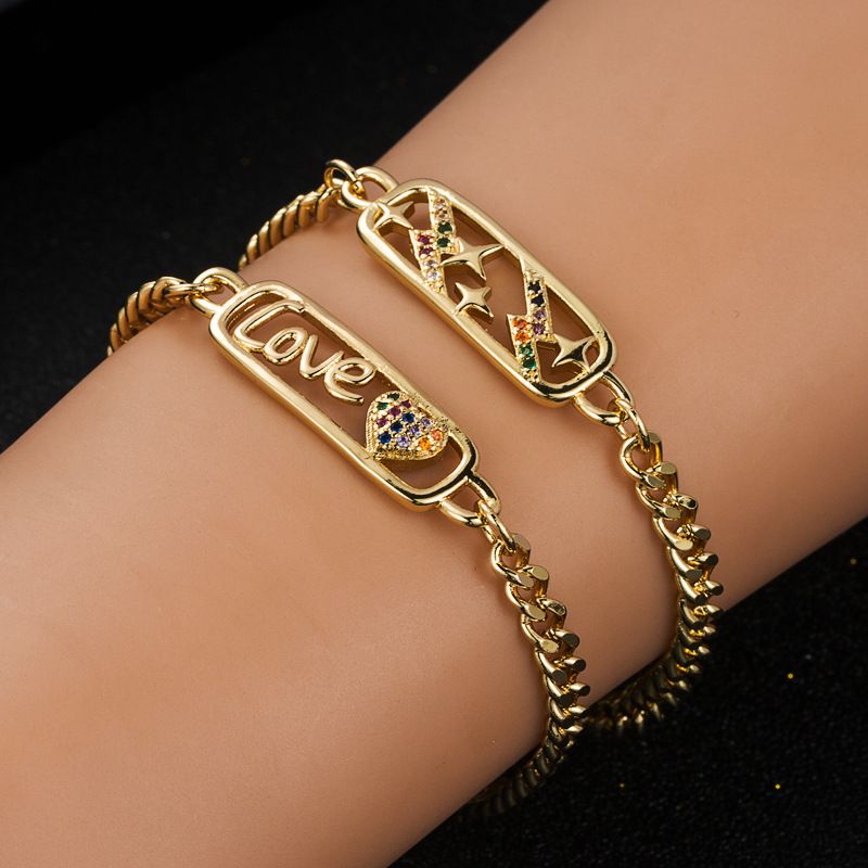 Letters Heart Shaped Lightning Copper Plated 18k Gold Micro-set Zircon Chain Bracelet Accessories