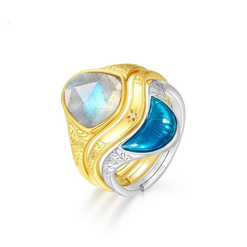 New Retro Irregular S925 Silver Inlaid Labradorite Female Stacking 10k Gold Ring Wholesale