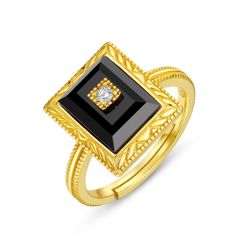Mode Neuer Ethnischer Achat Vergoldeter Sterlingsilber Retro 9 Karat Gold Offener Ring
