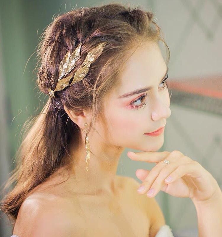 Retro Leaves Shape Gold Plated Flower Crown Earrings Bridal Headdress