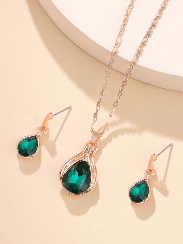 Conjunto De Pendientes De Collar De Gota De Agua Verde Para Mujer Joyería De Cristal De Diamante Flash De Moda