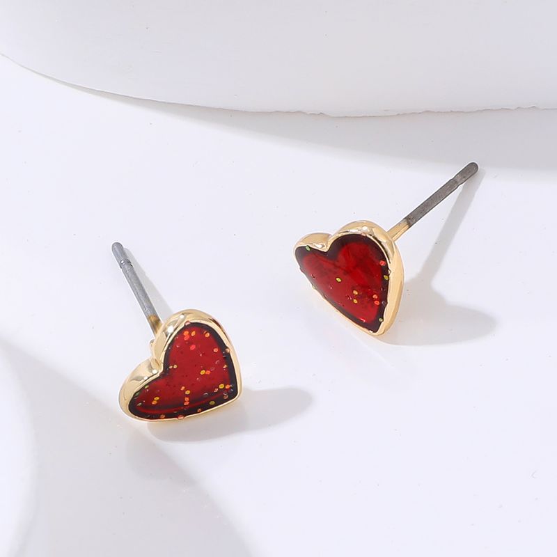 Fashion Cute Red Gold Rim Shiny Heart-shaped Metal Stud Earrings
