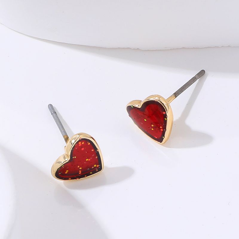 Pendientes De Botón De Metal En Forma De Corazón Brillante Con Borde De Oro Rojo Lindo De Moda