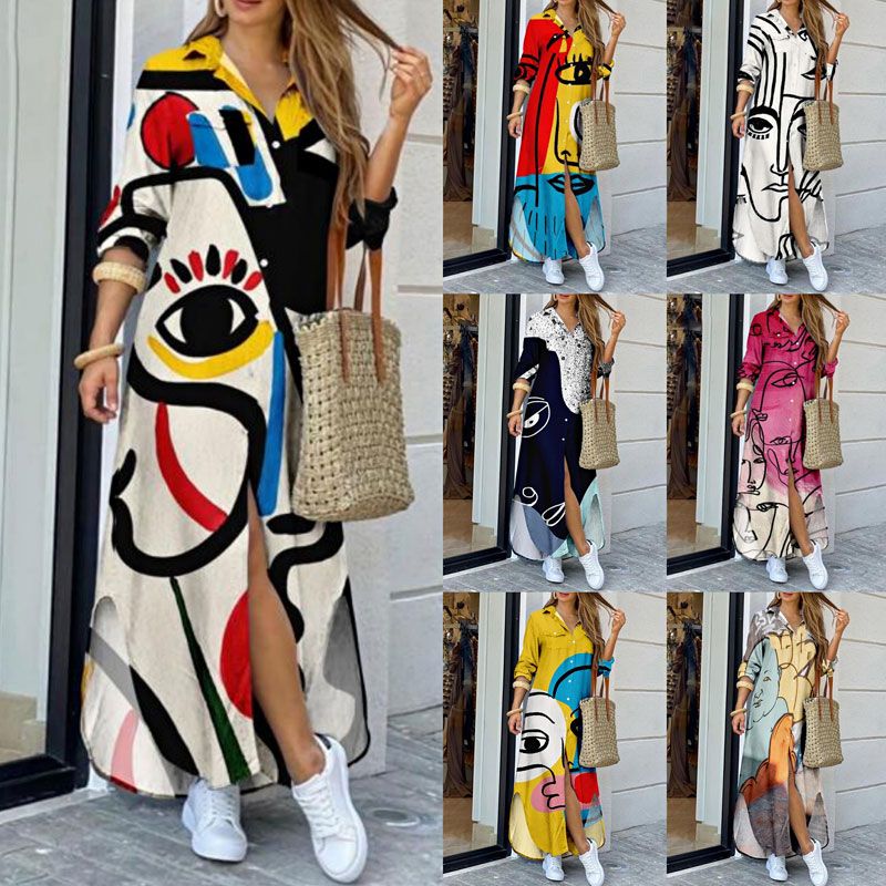 2022 Spring New Long Sleeve Hit Color Line Printed Lapel Loose Dress