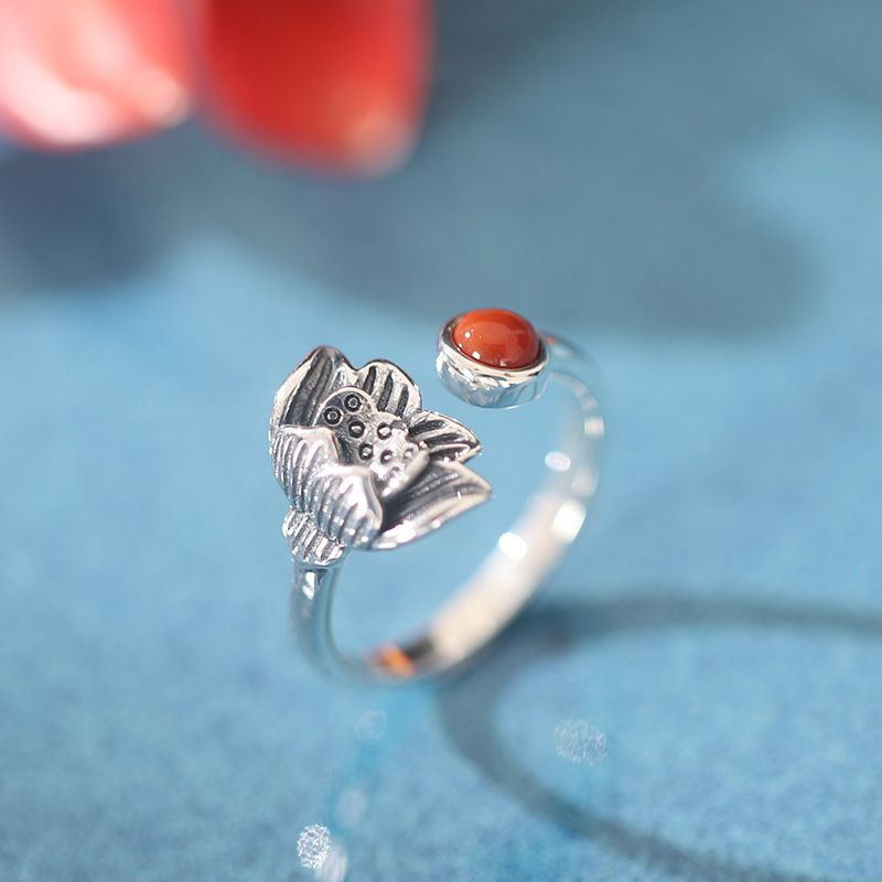 Lotus Red Agate Ring 925 Sterling Silver Jewelry New Retro Ring